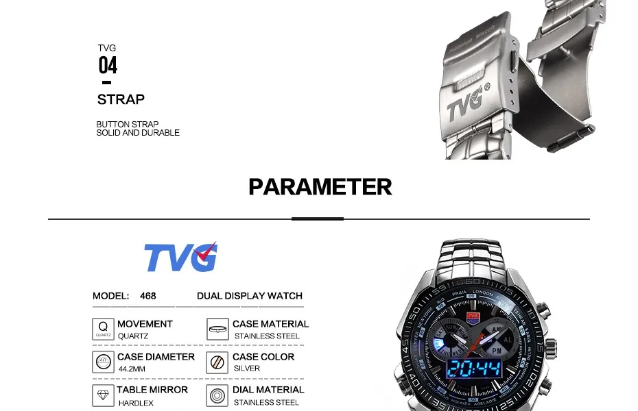 Мужские кварцевые часы с двойным дисплеем, Мужские t-часы TVG 468, Роскошные военные аналоговые светодиодный спортивные наручные часы, мужские часы из нержавеющей стали