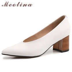 Meotina High Heels Women Pumps Natural Genuine Leather Chunky High Heel Shoes Pointed Toe Office Lady Shoes New White Size 34-39 Meotina High Heels Women Pumps Natural Genuine Leather Chunky High Heel Shoes Pointed Toe Office Lady Shoes New White Size 34-39