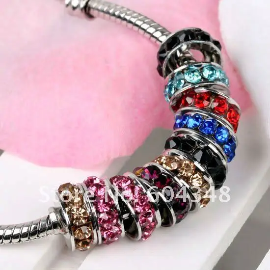 

100PCS Wholesale Mixed Color Crystal Rhinestone Antique Silver Tone Rondelle Spacer Big Hole European Beads Fit Charm Bracelets
