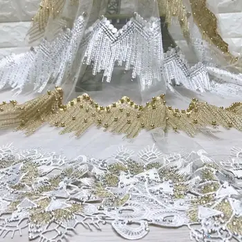 

2019 Latest French Nigerian Laces Fabrics High Quality Beaded Stones Tulle African Laces Fabric For Wedding Lace Fabric 5 Yards