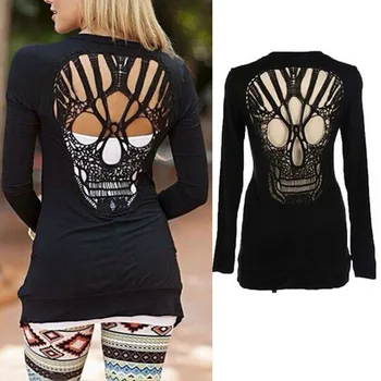

Summer Spring Sexy Women Cardigan Black Long Sleeve Skull Backless Top Coat Jacket Outwear For Women M-XL
