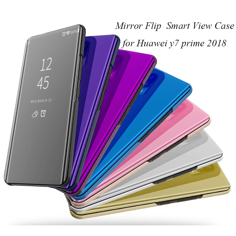 

Mirror Flip Case For Huawei Y7 Prime 2018 Luxury Clear View PU Leather Cover For Huawei Y7 Prime 2018 Smart phone Case