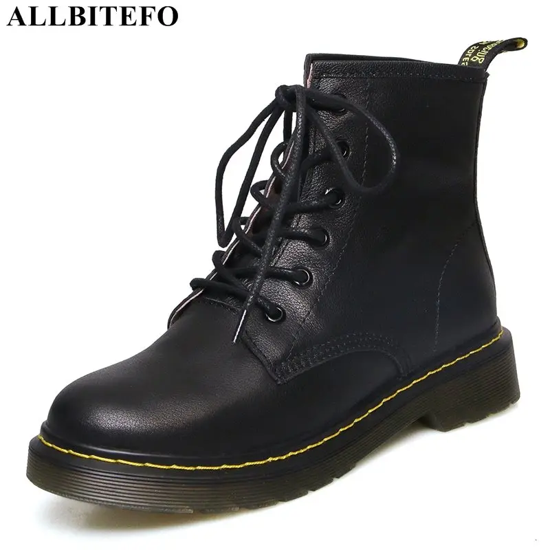 

ALLBITEFO high quality genuine leather low-heeled women boots new autumn ankle boots for women martin boots casual girls shoes