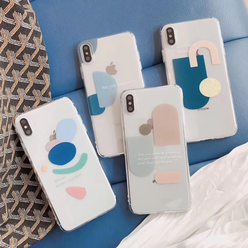 

ORYKSZ Candy Color Funny Geometry Splice Pattern Phone Case For iPhone X XS XR XS Max 8 7 6 6S Plus Clear protection Back Cover