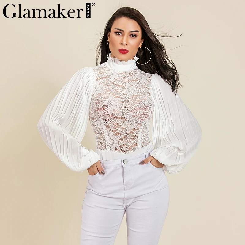 Женский прозрачный боди Glamaker белый кружевной комбинезон с цветочным принтом и