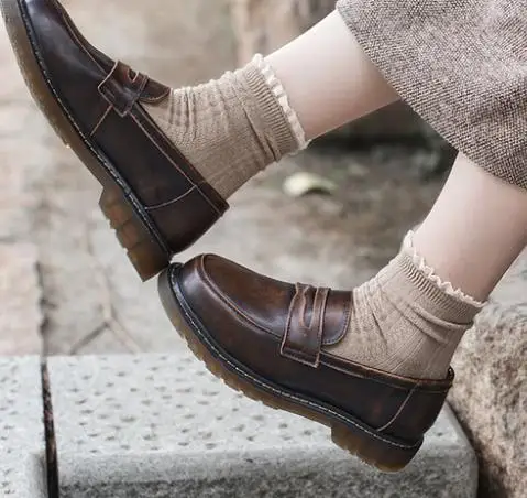 Femmes Baimier OccasionnelsNoir Oxford Chaussures Véritable Rond Mocassins Bout Cuir Rétro Pour marron Britannique O0nwPk