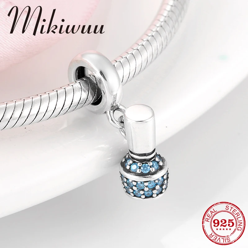 

925 Sterling Silver blue Sparkling CZ Nail polish fine pendant bead Jewelry making fit Original Pandora Charms Bracelet