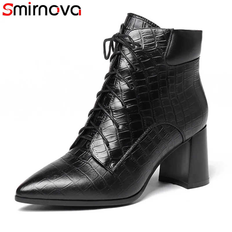 Smirnova/2018 Новое поступление женские ботинки на шнуровке Черные ботильоны с острым