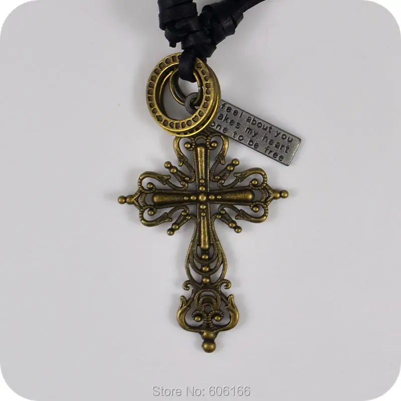 Cross Pendant Leather Necklace Catholic 