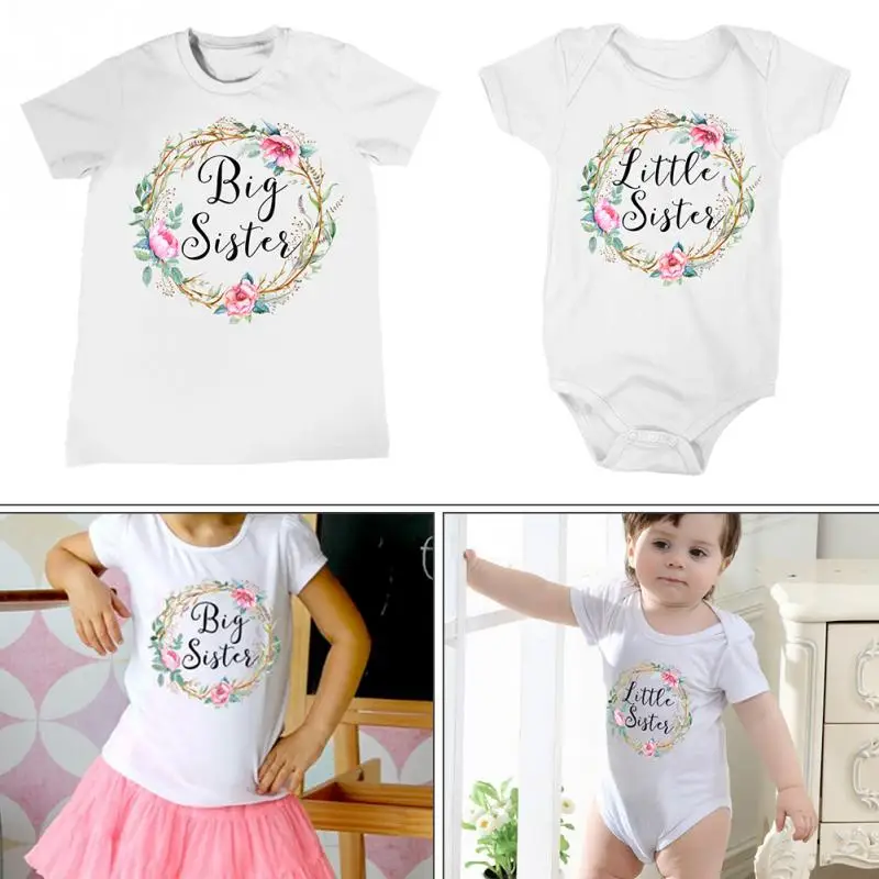 Новое поступление; одежда для семьи; модная футболка с короткими рукавами и цветочным принтом «Big Sister»; комбинезон для маленькой сестры; Милая одежда