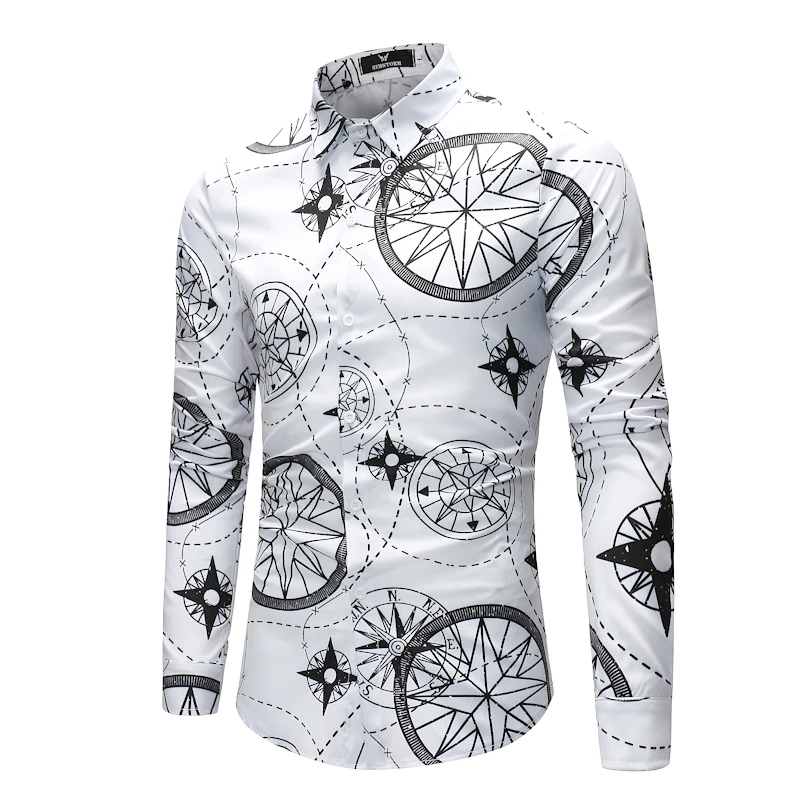 

Men Flower Floral Shirt Long Sleeve Camisa Masculina Slim Fit Printed Shirts 2018 Spring Autumn Casual White Hawaiian Shirt Male