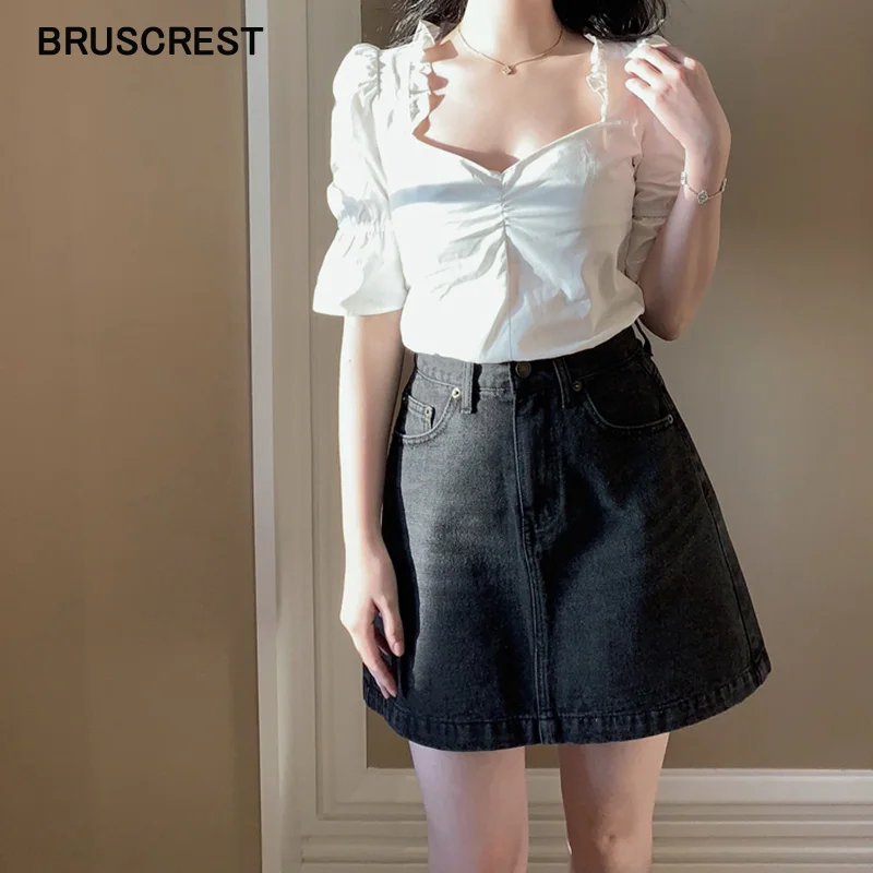 

Summer ruched crop top womens tops and blouses elegant ruffle vintage puff sleeve blusas casual white shirt korean ladies tops