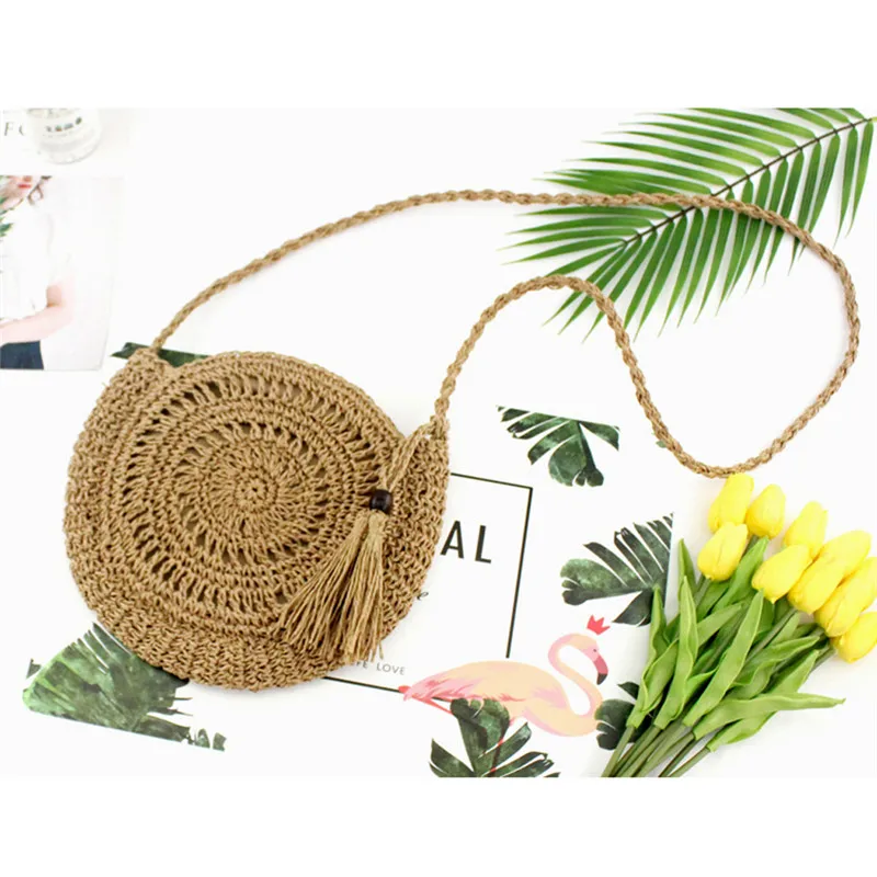 Women Straw Shoulder Bag Beach Style Round Handbag Vintage Tassel Messenger Purse - Цвет: Коричневый