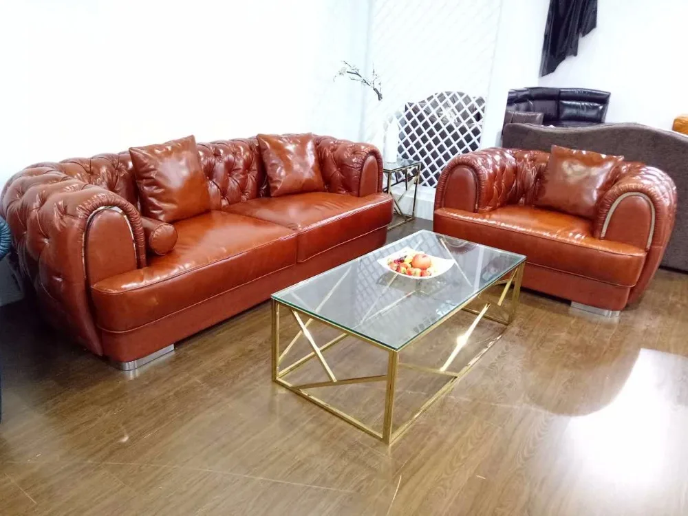 Image Top Grain Leather Sofa Diamond Tufted Stainless Steel Legs Living Room Furniture Made in China