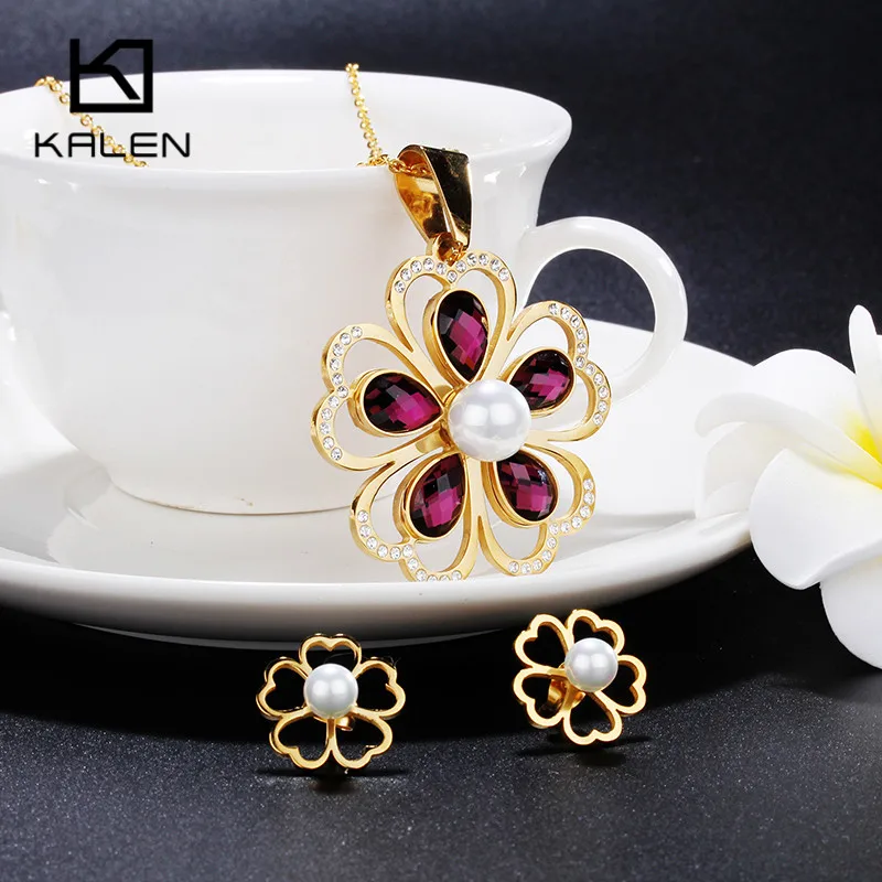 

Kalen Red Stone Flower Jewelry Set For Women Pearl & Rhinestone & Stainless Steel Gold Flower Pendant Necklace & Earrings Sets