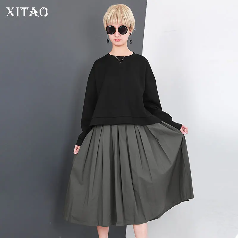 

[XITAO] Spring Summer 2019 New Arrival Women Asymmetrical Patchwork O-neck Pleated Dress Knee-length Pleated Dress LYH3101