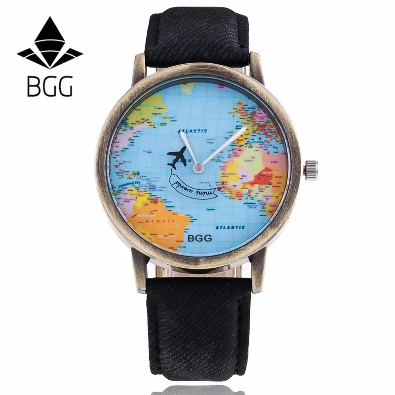 BGG специальные Дизайн наручные часы Самолет Летающий на мир Географические карты Пояса из натуральной кожи любителей кварцевые часы Relojes