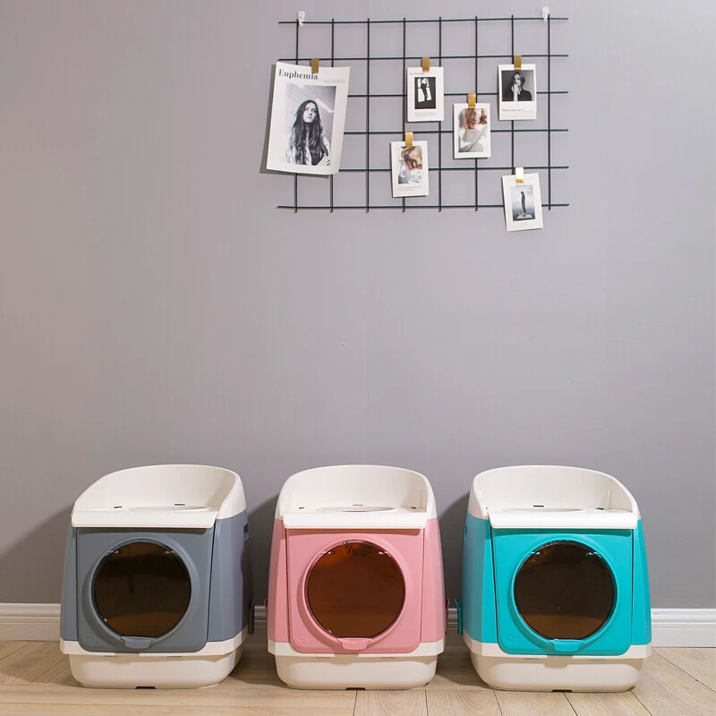 Большой контейнер для кошачьего туалета с капюшоном для кошачьего туалета с дышащей крышкой и простой входной прозрачной дверью с безопасной пряжкой ящика для туалета
