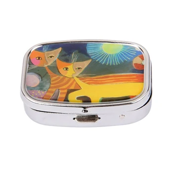 

2 grid Two cats long style rectangular metal medicine box