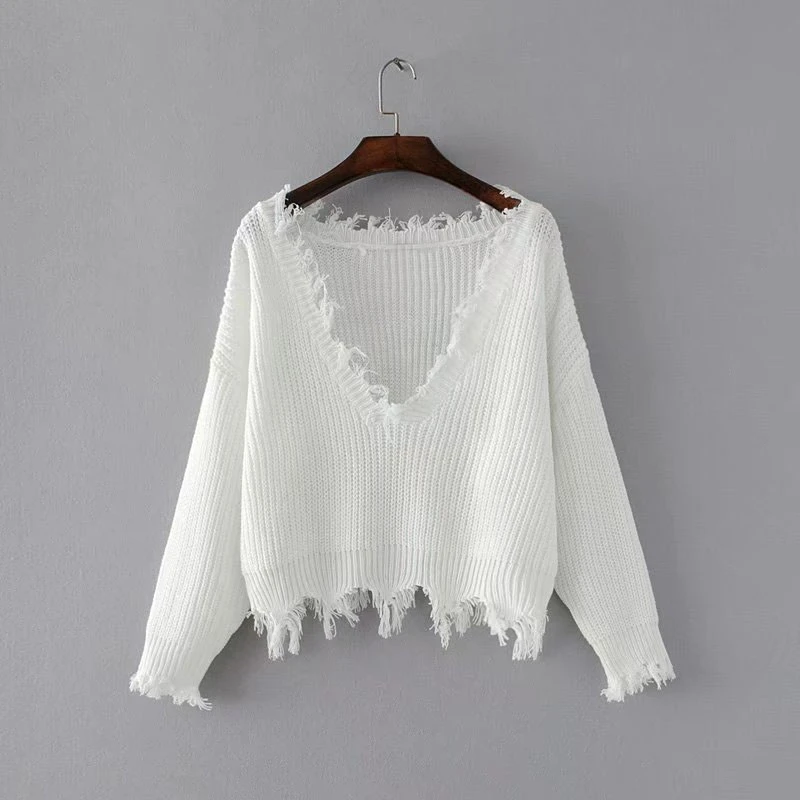 

tassels sleeve knitted pullovers Loose solid color round neck sweater women Autumn winter loose Short streetwear jumpers
