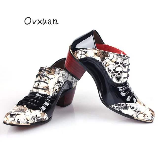 NEW 6CM Heel Platform Rose Skull Leather Casual High Top Shoes Male