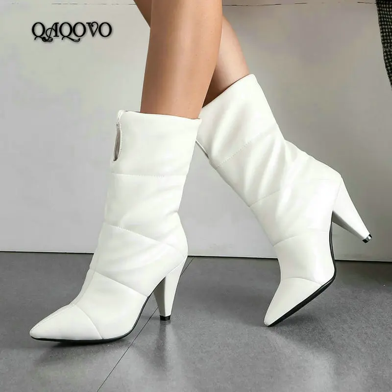 

2019 Women Winter Boots Fashion Spike Heels Ankle Boots Pointed Toe Slip On Mid-Calf Boots Big Size 34-43 Black White Brown
