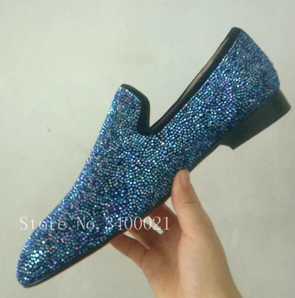 

Blue Crystal Studded Luxury Brand Men Loafers Low Heel Dress Business Shoes Men Sapatos Autumn Large Size 46 Smoking Round Toe