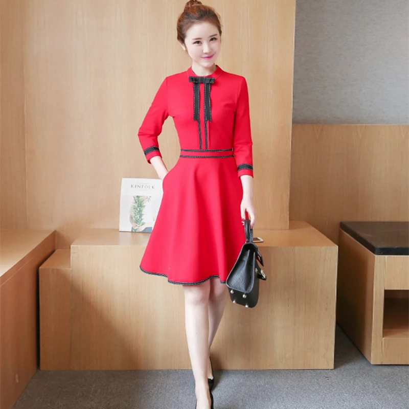 

Dress Female 2018 Autumn Winter Elegant Women Dress Three Quarter Sleeve High waist Fashion Slim Lady Dresses Party Wear