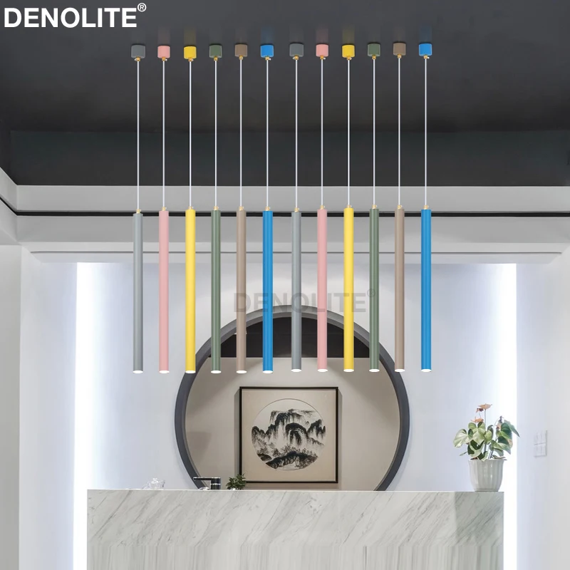

DENOLITE Custom NEW Macarons 7 colors Art-deco Led Pendant Light Creative Fashion Living room Restaurant Lamp Cylinder Bar Light