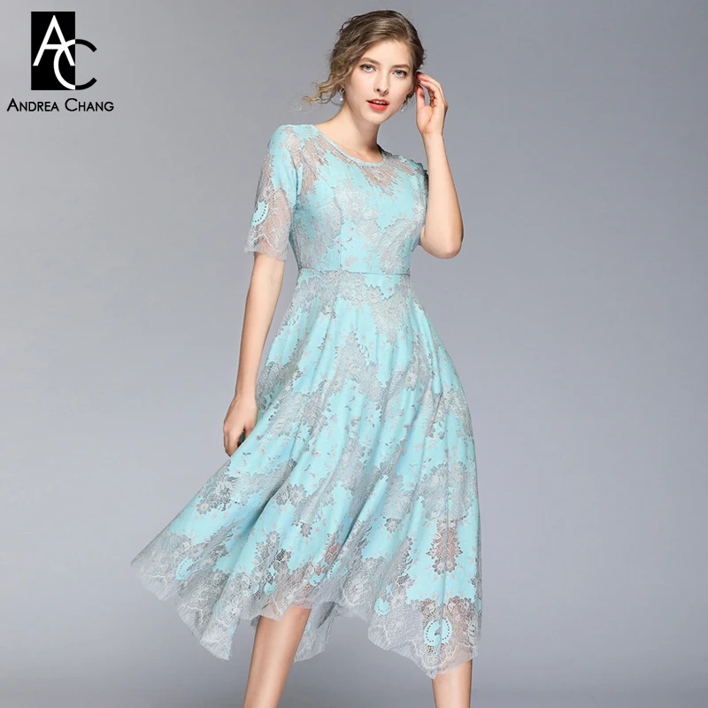 

M-XXL spring summer woman dress gray sky blue floral pattern lace dress ball gown irregular bottom calf length sweet lace dress