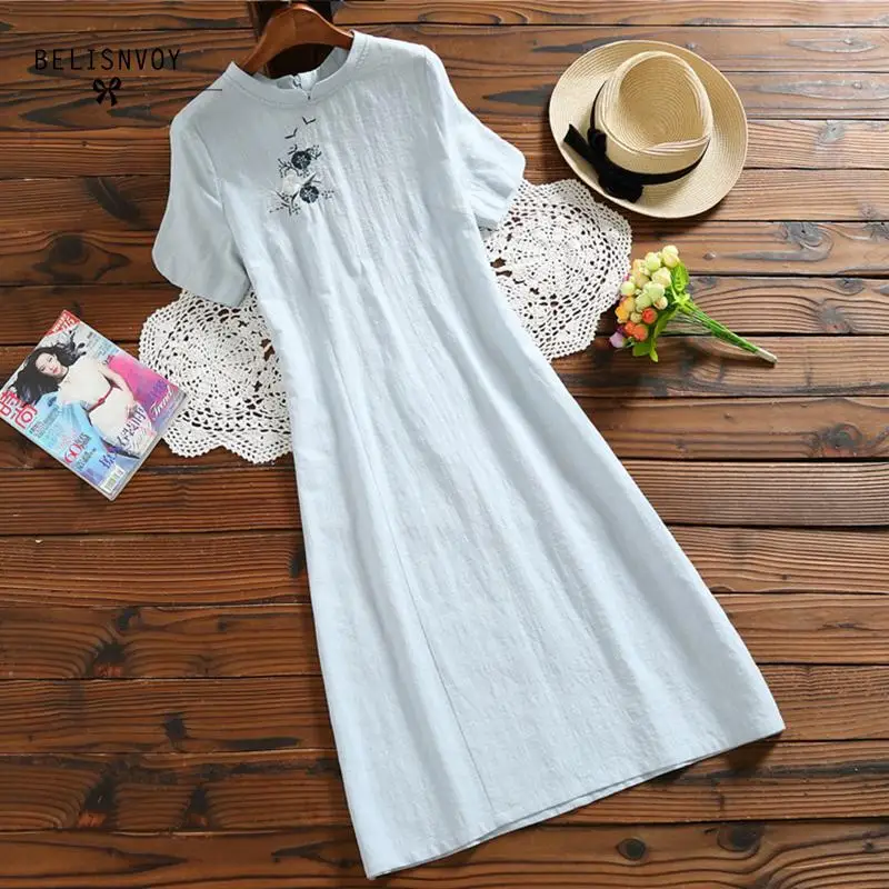 

Mori Girl 2019 Summer Tunic Women A-Line Dresses Stand Collar Short Sleeve Cotton Linen Floral Embroidery Vintage Dress Vestidos