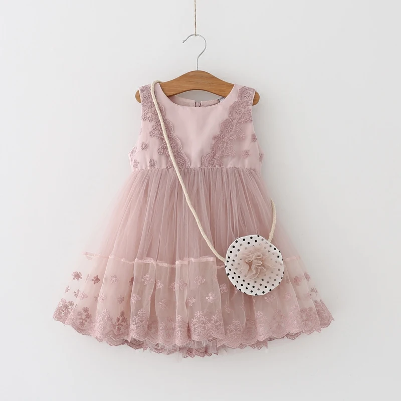 

2019 Kids Girls Embroidery Dress Children Girl Sleeveless Birthday Party Dress Baby Princess Clothes with small wallet pink