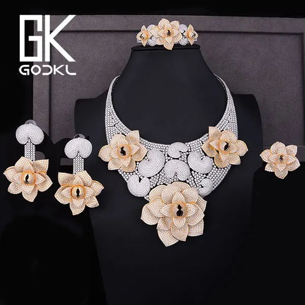 GODKI Роскошный цветок каннибала кубический цирконий нигерийский Свадебный набор украшений для женщин Дубай золотые ювелирные наборы индийский ювелирный набор - Окраска металла: Silver