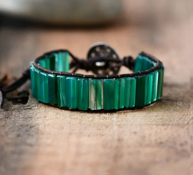 

Womens Boho Bracelets Tube Shape Green Onyx Single Leather Wrap Bracelet Semi Precious Stone Beaded Beadwork Bracelet Dropship