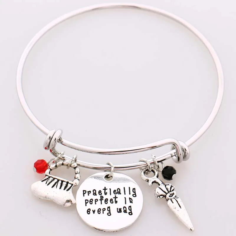 

Mary Poppins Bangle Bracelet"Practically perfect in every day"Hand Stamped Letter Bracelet the Handbag,Umbrella,Crystals Charms