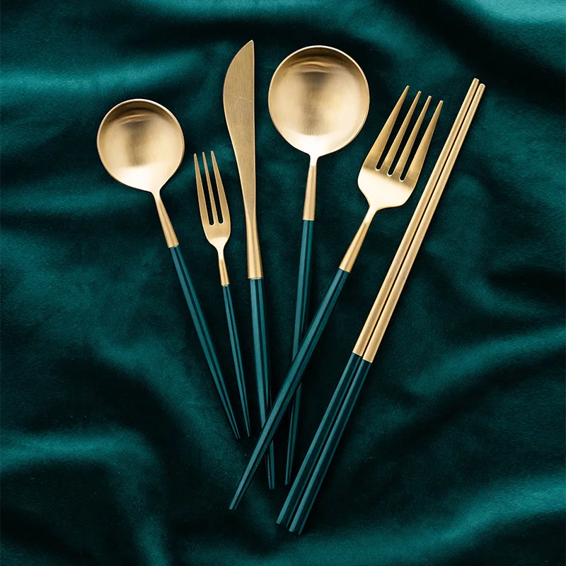 

MDZF SWEETHOME Dinnerware Set 304 Stainless Steel Green Gold Cutlery Set Knife Fork Spoon kitchen Utensil