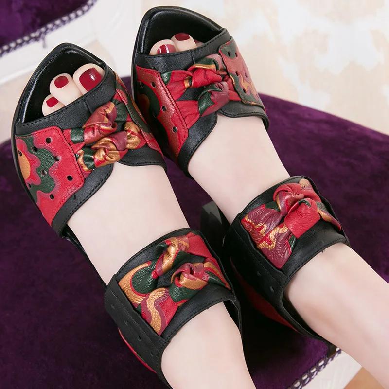 

Genuine Leather Sandals Coarse Flower Hollow Women's Shoes