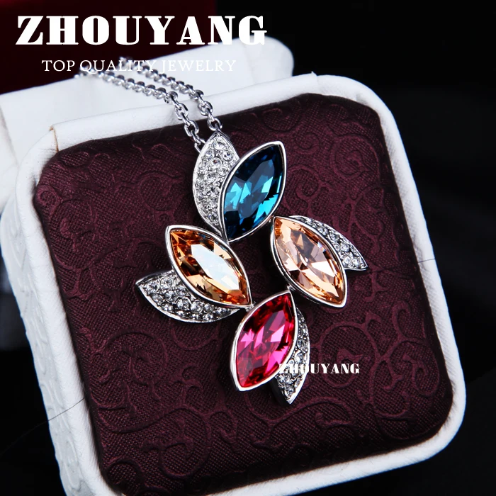 ZHOUYANG Top Quality ZYN436 Luxurious Flower Crystal Necklace Silver Color Fashion Jewellery Nickel Free Pendant Crystal