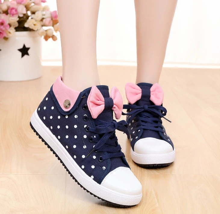 Women Polka Dot Canvas Shoes Flat Heel New 2017 Ladies Bow Ankle Shoes ...