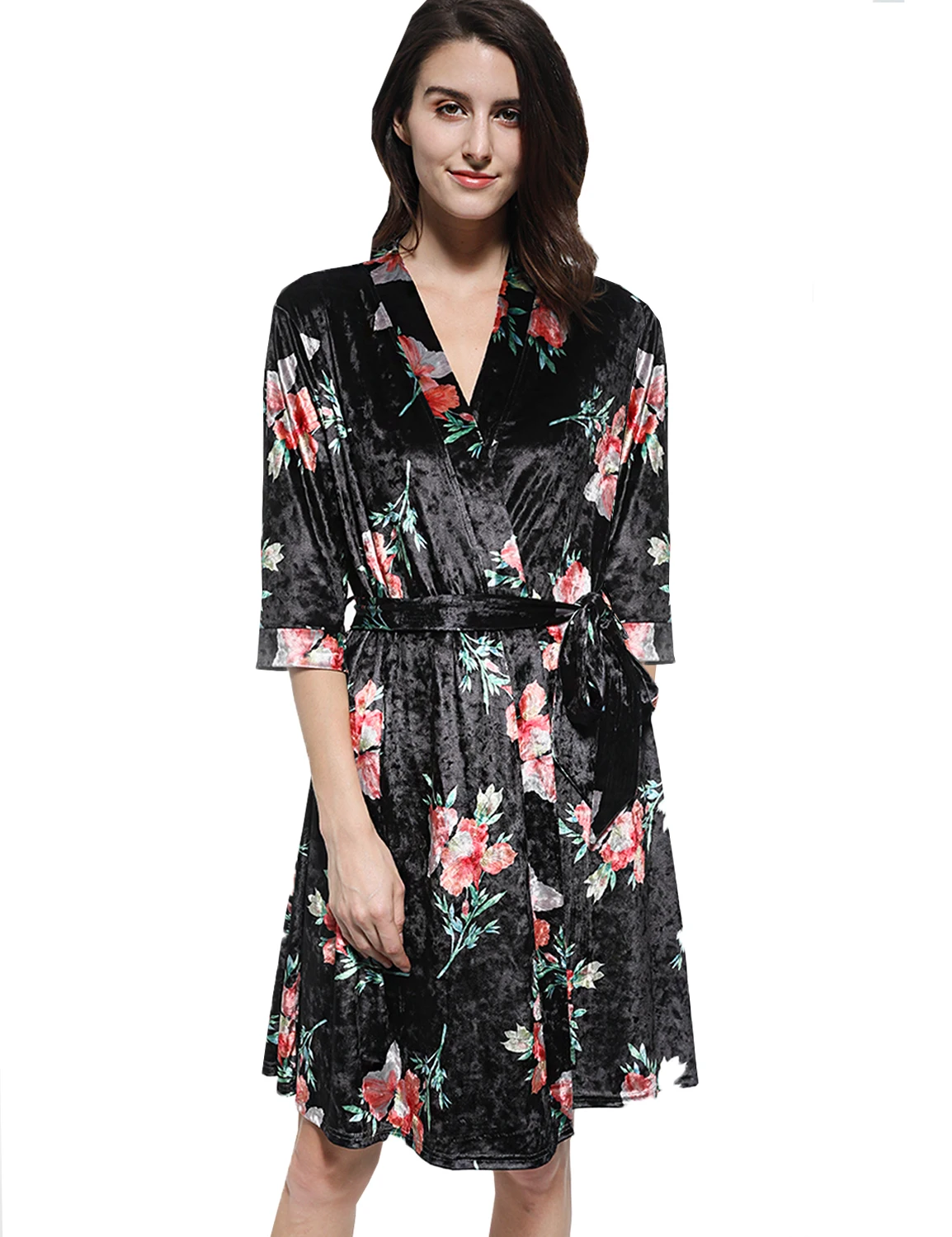 Women Sexy Bath Robe Floral Bathrobe Nightgown Short Satin Kimono Robes