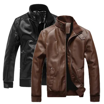 

New Fashion Autumn Male Leather Jacket Plus Size Black Brown Mens Stand Collar PU Coats Leather Biker Jackets