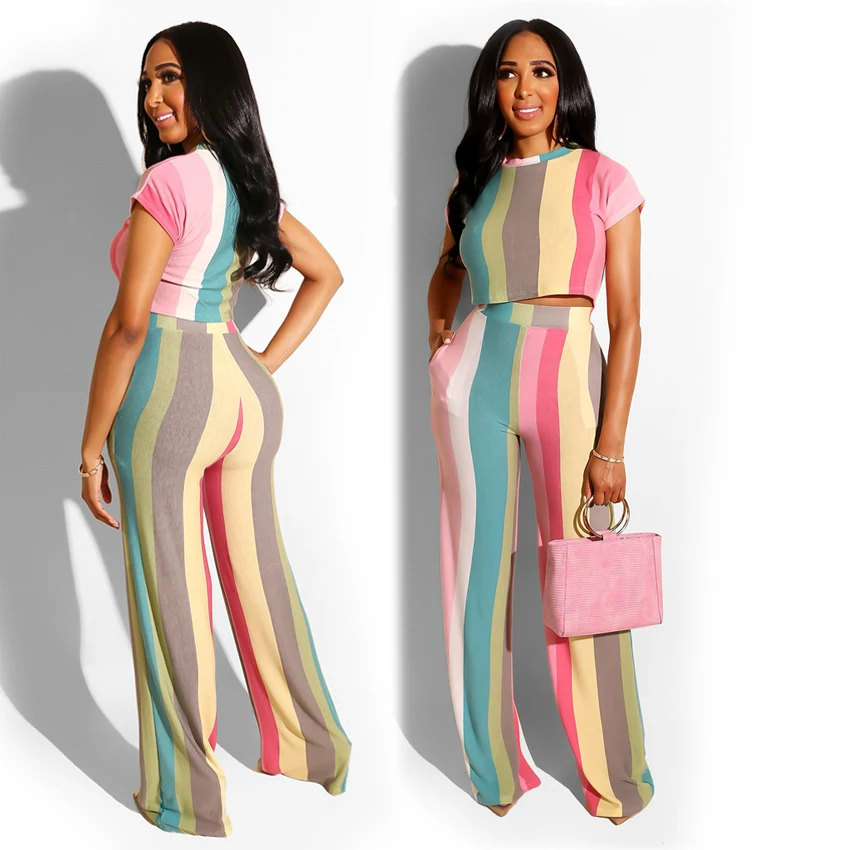 

Striped 2 Piece Outfits for Women Fashion Tracksuit Sportswear Co-ord Matching Sets 2019 Summer Top and Pant Festival Clothing