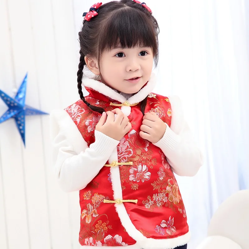 

Winter Autumn Kid Girls Chinese Style Waistcoats Children Warm Sleeveless Jacket Clothe Outwear Baby Coat Vest