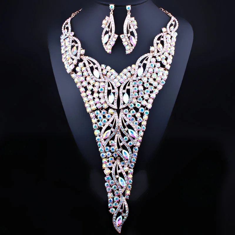 FARLENA Leaf Crystal Rhinestones Exaggerated long Necklace Earrings for Women Wedding African Beads Jewelry sets FARLENA Leaf Crystal Rhinestones Exaggerated long Necklace Earrings for Women Wedding African Beads Jewelry sets