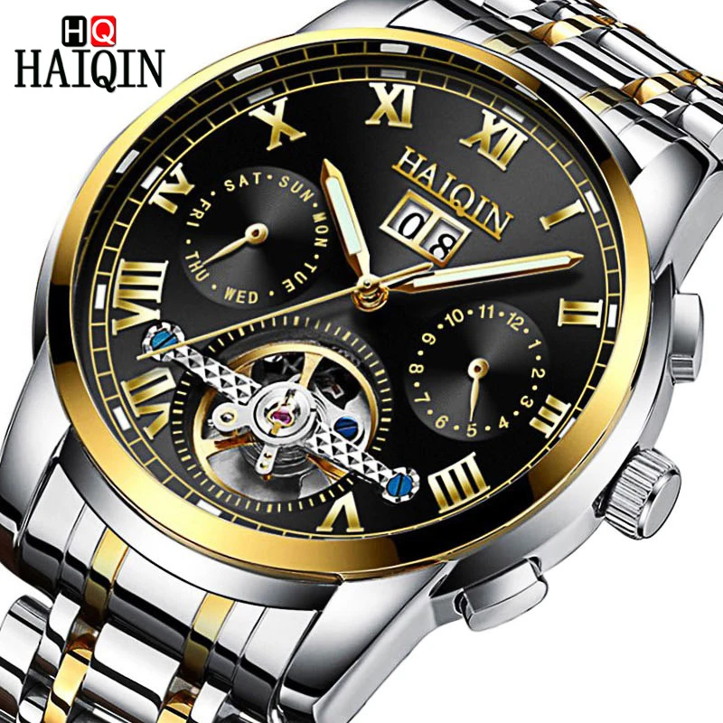 

2019 HAIQIN Brand Men's Watch Automatic Mechanical Bussiness Watch Men Tourbillon Steel Waterproof Male Wrist Watch Week Clock