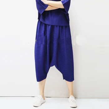 

Changpleat original designer women Cross-pants Miyak Pleated High Fashion loose Elastic waist Solid Plus Size Female Pants Tide