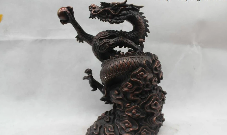 

12"Chinese Fengshui Bronze Fu Foo Zodiac Year Spiral Dragon Play Bead Statue