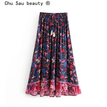 

New Boho Chic Vintage Phoenix Bird Print Long Skirt Women Holiday Short Front Long Back Beach Skirts Vestidos De Verano