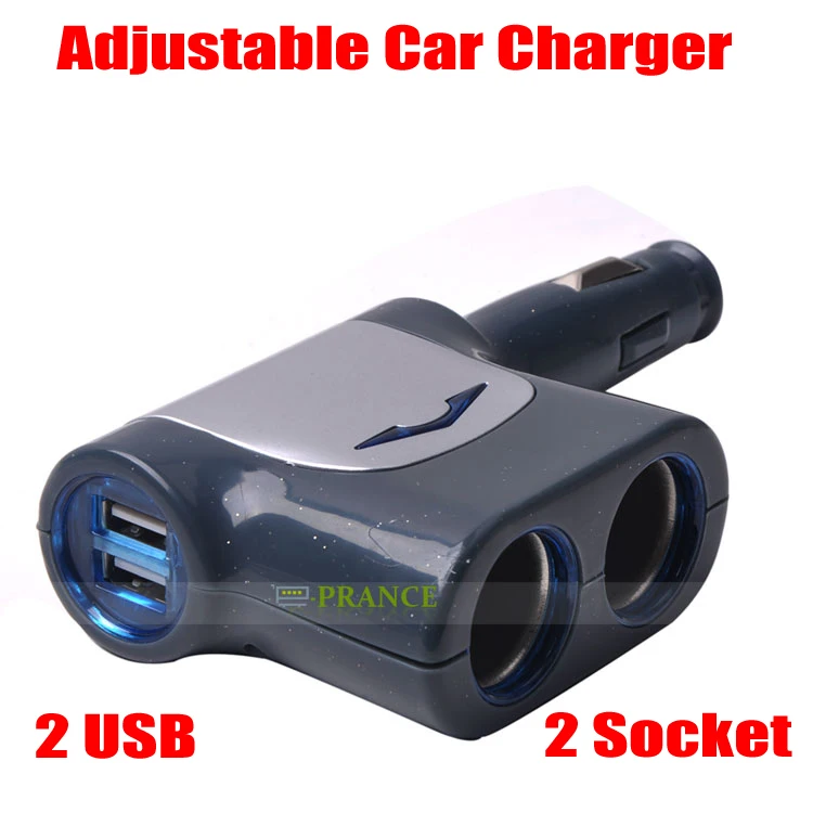 90 Degree Adjustable Dual USB Car Charger Cigarette Lighter Socket Adapter With Two Socket