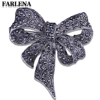 

FARLENA Jewelry Unique Large Bow Brooch Pins Inlay with Black Rhinestones Vintage Brooches for Women Dress Hat Accessory